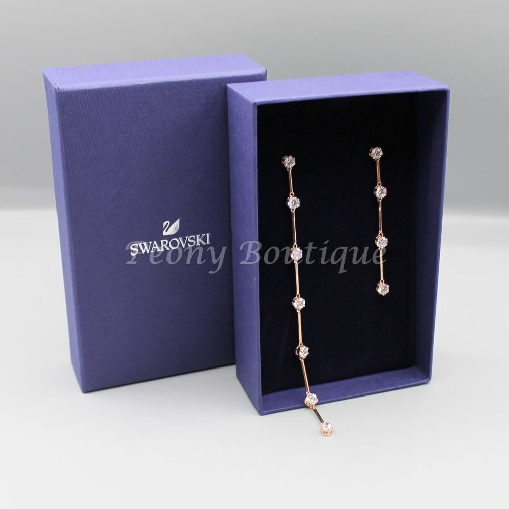 Swarovski 5609707 earrings jewelry assymetrical long rose gold crystals new - Picture 1 of 11